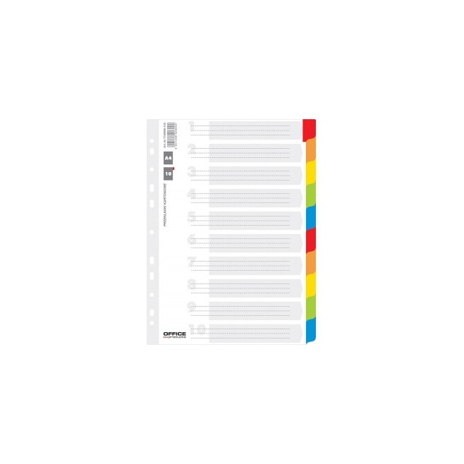 Przekładki Office Products A4 10 kart kartonowe białe, laminowane kolorowe indeksy