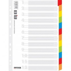 Przekładki Office Products A4 12 kart kartonowe białe, laminowane kolorowe indeksy