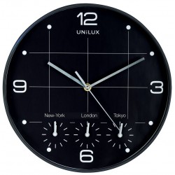 Zegar ścienny Unilux On Time (4 strefy czasowe) 30,5cm - tarcza czarna, ramka czarna
