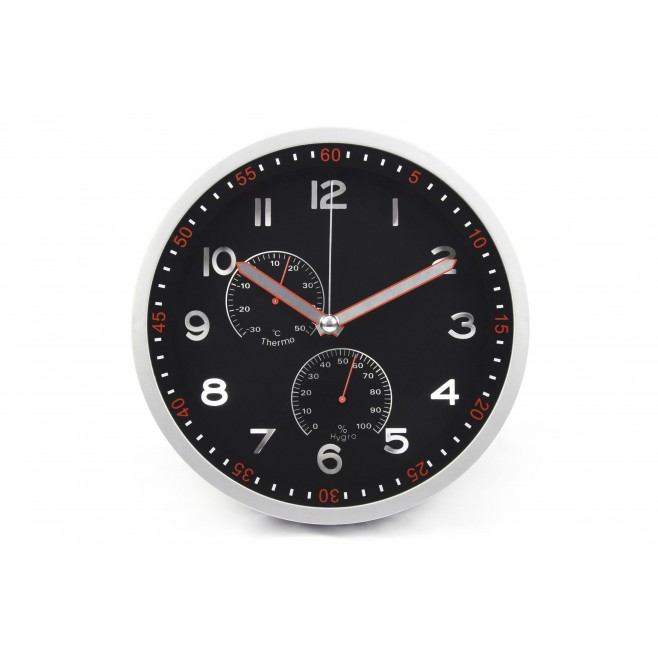 Zegar ścienny P30 srebrny, czarna tarcza 30cm